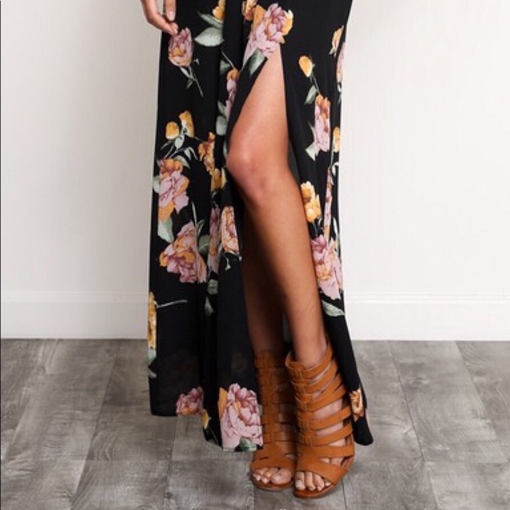 Floral Black Crop Top + Maxi Skirt Set, Side Slits - Picture 6 of 6